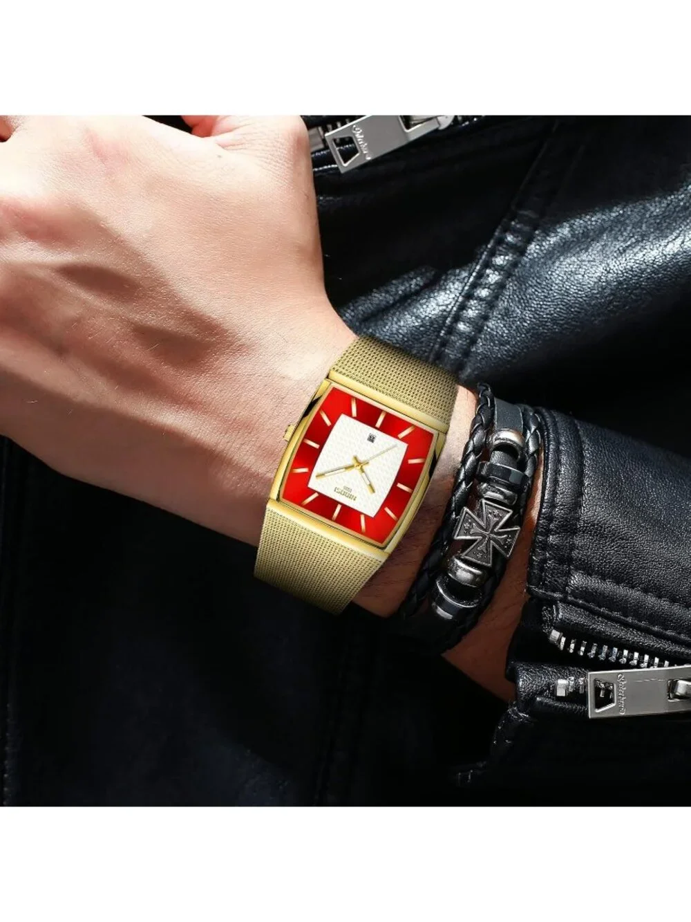 Nibosi Men's Gold Red Square Analog Quartz Stainless Mesh Strap Waterproof Watch